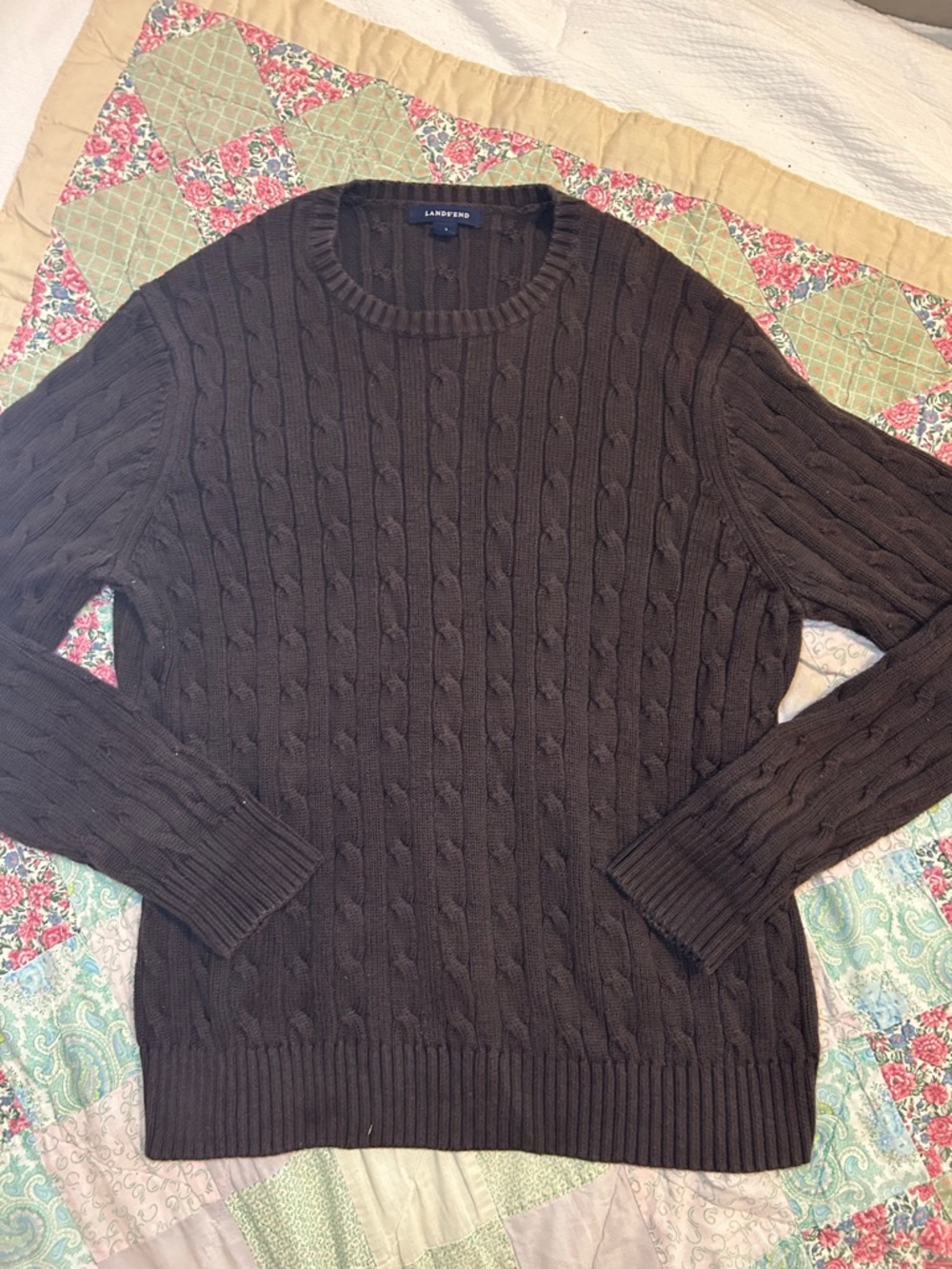 Lands' End Men's Brown Cable Knit Crewneck Sweater